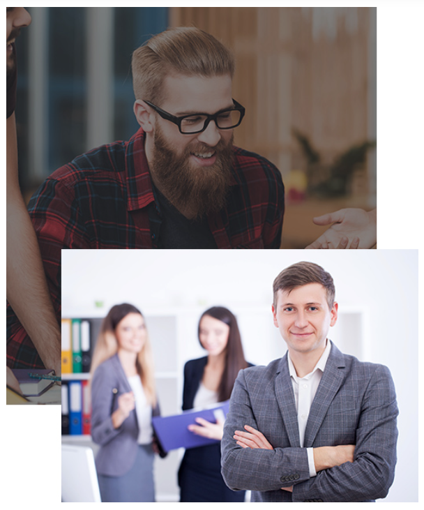 A bearded man in glasses discussing with colleagues (top) and a suited man smiling with two women in a modern office setting